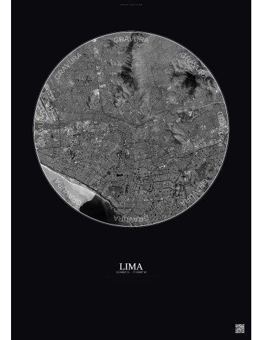 Affiche Lima – Poster vue satellite 10km N&B | Gravura – Fond foncé
