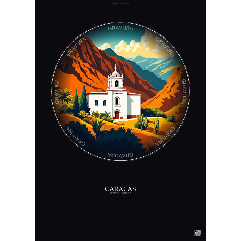 Affiche Caracas – Poster illustration vintage – Mariperez Church | Gravura – Fond foncé