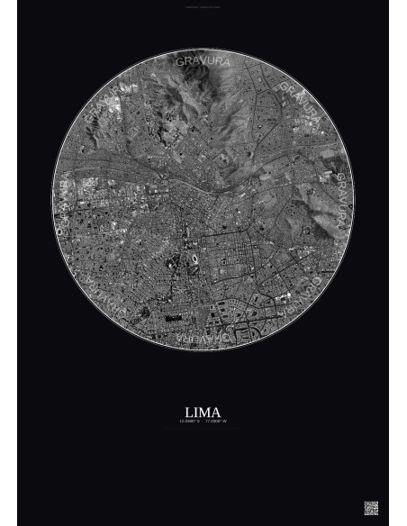 Affiche Lima – Poster vue satellite 6km N&B | Gravura – Fond foncé