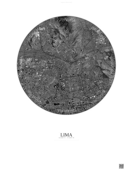 Affiche Lima – Poster vue satellite 6km N&B | Gravura – Fond clair