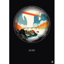 Affiche Ha Noi – Poster illustration vintage – Famous Viewpoint Of Ha Noi | Gravura – Fond foncé