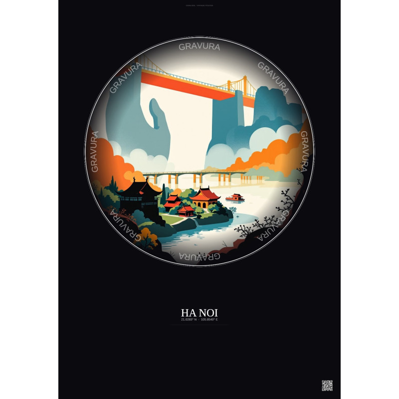 Affiche Ha Noi – Poster illustration vintage – Famous Viewpoint Of Ha Noi | Gravura – Fond foncé