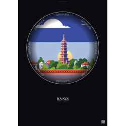 Affiche Ha Noi – Poster illustration vintage – Most Iconic Landmark Of Ha Noi | Gravura – Fond foncé