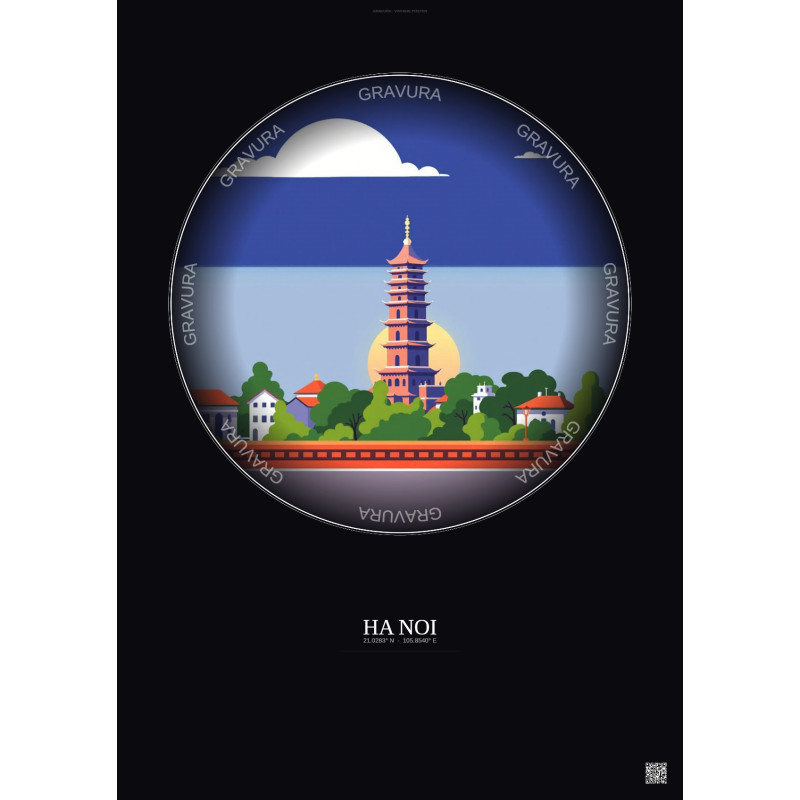 Affiche Ha Noi – Poster illustration vintage – Most Iconic Landmark Of Ha Noi | Gravura – Fond foncé