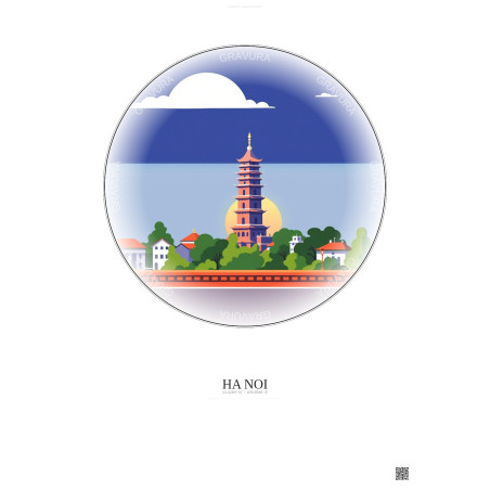 Affiche Ha Noi – Poster illustration vintage – Most Iconic Landmark Of Ha Noi | Gravura – Fond clair