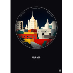 Affiche Harare – Poster illustration vintage – Harare | Gravura – Fond foncé