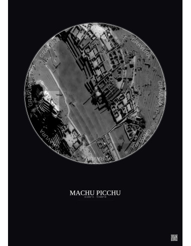 Affiche Machu Picchu – Poster vue satellite 0.1km N&B | Gravura – Fond foncé