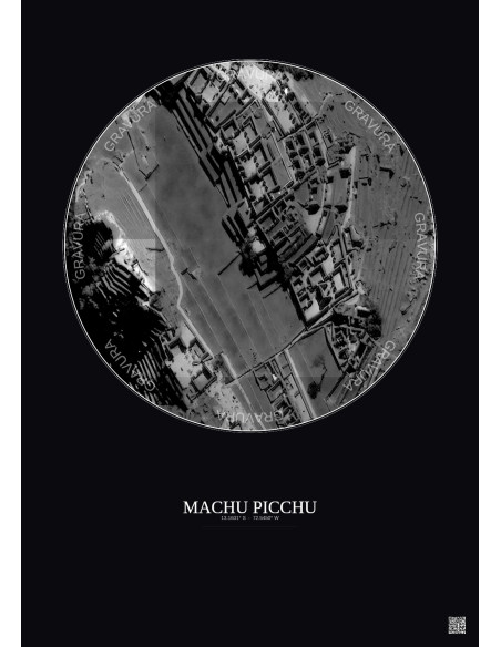 Affiche Machu Picchu – Poster vue satellite 0.1km N&B | Gravura – Fond foncé