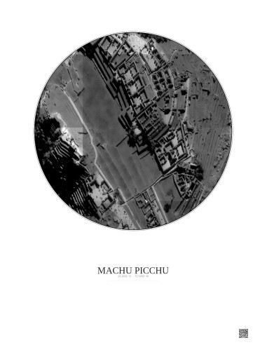 Affiche Machu Picchu – Poster vue satellite 0.1km N&B | Gravura – Fond clair