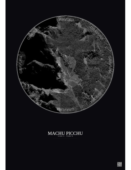 Machu Picchu Satellite View Poster 0.5km B&W | Gravura – Dark background