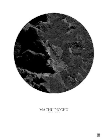 Affiche Machu Picchu – Poster vue satellite 0.5km N&B | Gravura – Fond clair