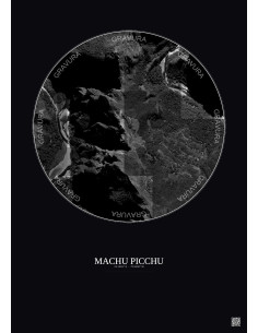 Affiche Machu Picchu – Poster vue satellite 1km N&B | Gravura – Fond foncé