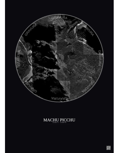 Affiche Machu Picchu – Poster vue satellite 1km N&B | Gravura – Fond foncé