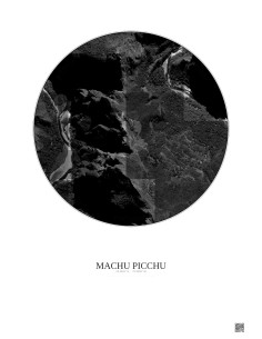 Affiche Machu Picchu – Poster vue satellite 1km N&B | Gravura – Fond clair