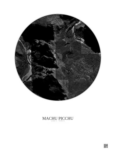 Affiche Machu Picchu – Poster vue satellite 1km N&B | Gravura – Fond clair