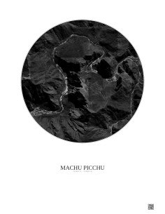 Affiche Machu Picchu – Poster vue satellite 2.5km N&B | Gravura – Fond clair