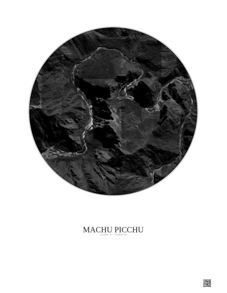 Affiche Machu Picchu – Poster vue satellite 2.5km N&B | Gravura – Fond clair
