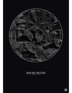 Affiche Machu Picchu – Poster vue satellite 5km N&B | Gravura – Fond foncé