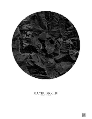 Affiche Machu Picchu – Poster vue satellite 5km N&B | Gravura – Fond clair