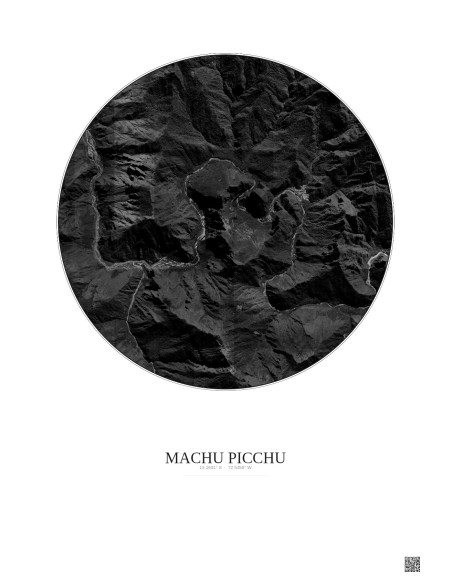 Affiche Machu Picchu – Poster vue satellite 5km N&B | Gravura – Fond clair