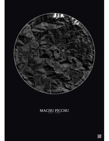 Affiche Machu Picchu – Poster vue satellite 10km N&B | Gravura – Fond foncé