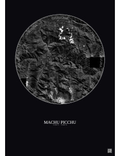 Affiche Machu Picchu – Poster vue satellite 20km N&B | Gravura – Fond foncé