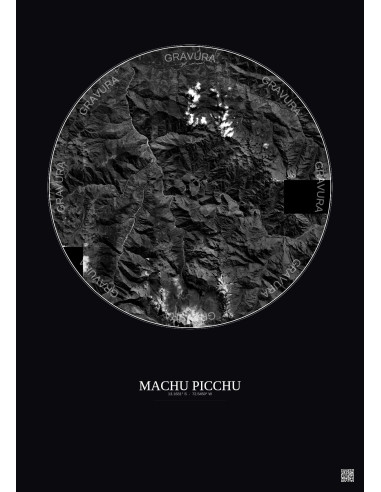 Machu Picchu Satellite View Poster 20km B&W | Gravura – Dark background