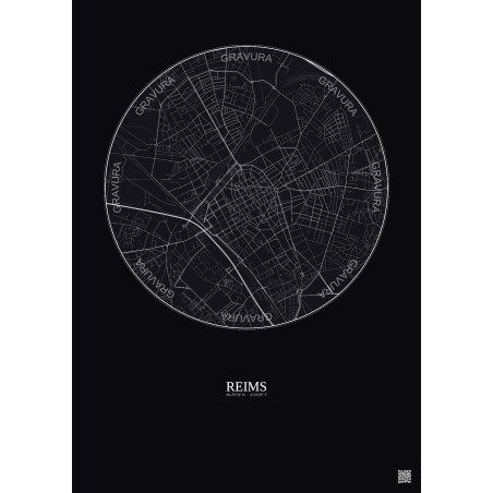 Affiche Reims – Poster carte de ville 2.5km | Gravura – Fond foncé