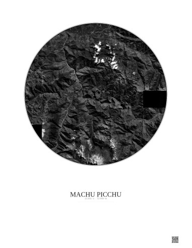 Affiche Machu Picchu – Poster vue satellite 20km N&B | Gravura – Fond clair