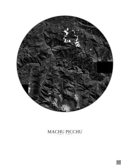 Affiche Machu Picchu – Poster vue satellite 20km N&B | Gravura – Fond clair