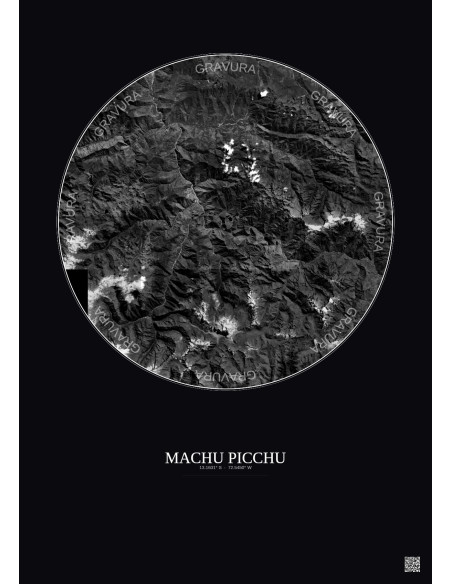 Affiche Machu Picchu – Poster vue satellite 30km N&B | Gravura – Fond foncé