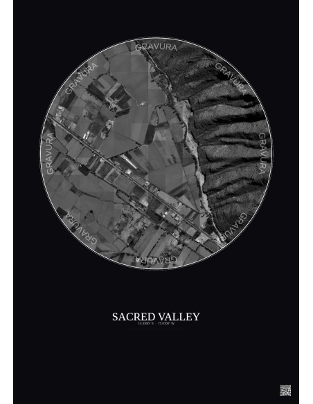 Affiche Sacred Valley – Poster vue satellite 0.5km N&B | Gravura – Fond foncé