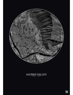 Affiche Sacred Valley – Poster vue satellite 1km N&B | Gravura – Fond foncé