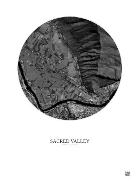 Affiche Sacred Valley – Poster vue satellite 1km N&B | Gravura – Fond clair