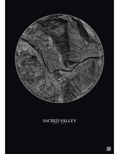 Affiche Sacred Valley – Poster vue satellite 2.5km N&B | Gravura – Fond foncé