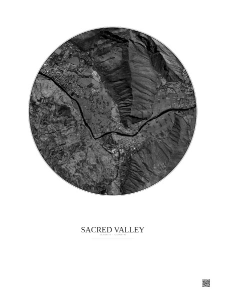 Affiche Sacred Valley – Poster vue satellite 2.5km N&B | Gravura – Fond clair