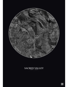 Affiche Sacred Valley – Poster vue satellite 5km N&B | Gravura – Fond foncé