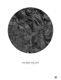 Affiche Sacred Valley – Poster vue satellite 5km N&B | Gravura – Fond clair