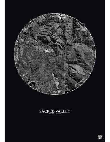Affiche Sacred Valley – Poster vue satellite 10km N&B | Gravura – Fond foncé