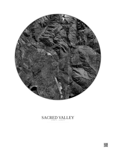 Affiche Sacred Valley – Poster vue satellite 10km N&B | Gravura – Fond clair