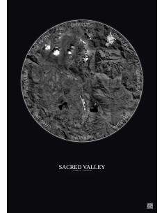 Affiche Sacred Valley – Poster vue satellite 20km N&B | Gravura – Fond foncé