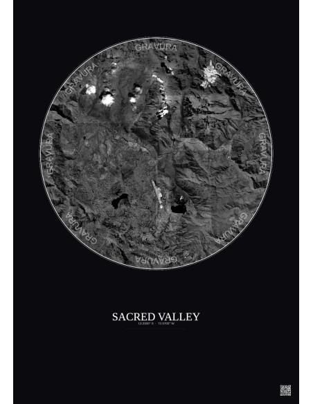 Sacred Valley Satellite View Poster 20km B&W | Gravura – Dark background