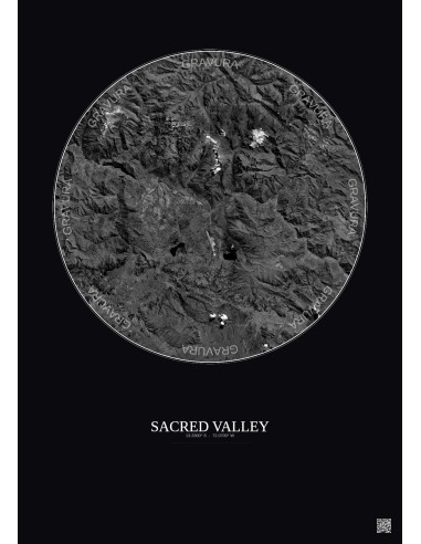 Affiche Sacred Valley – Poster vue satellite 30km N&B | Gravura – Fond foncé