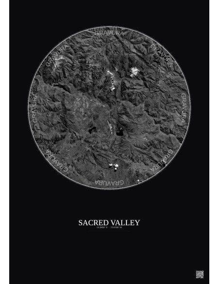 Affiche Sacred Valley – Poster vue satellite 30km N&B | Gravura – Fond foncé