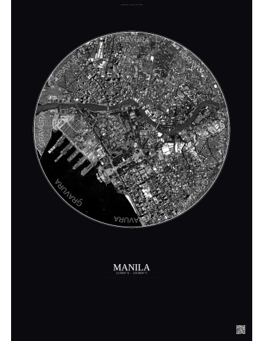 Affiche Manila – Poster vue satellite 2.5km N&B | Gravura – Fond foncé