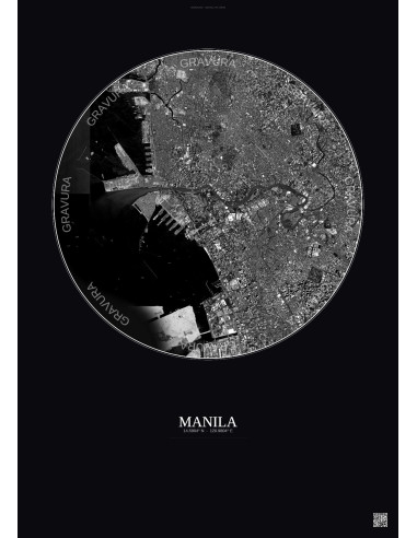 Affiche Manila – Poster vue satellite 6km N&B | Gravura – Fond foncé