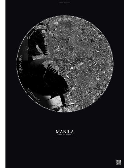 Affiche Manila – Poster vue satellite 6km N&B | Gravura – Fond foncé