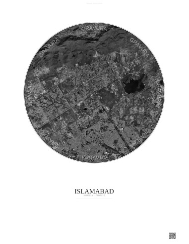 Affiche Islamabad – Poster vue satellite 10km N&B | Gravura – Fond clair