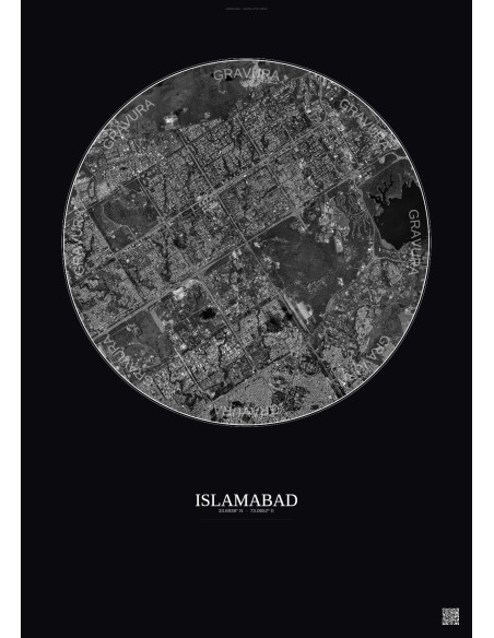 Affiche Islamabad – Poster vue satellite 6km N&B | Gravura – Fond foncé