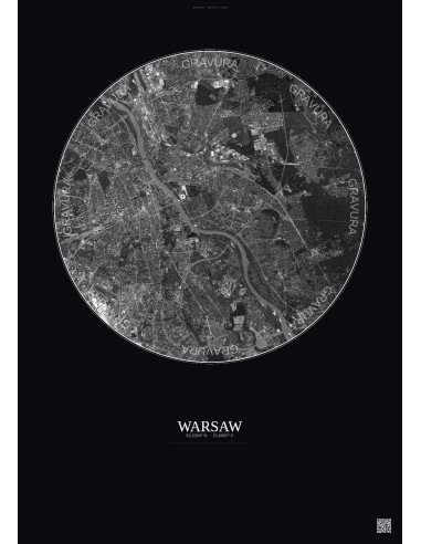 Warsaw Satellite View Poster 10km B&W | Gravura – Dark background